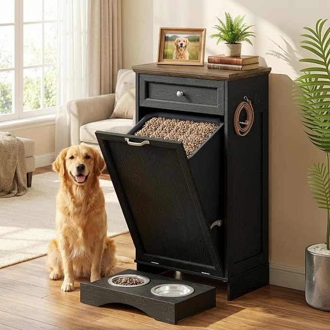 21’’W Dog Feeding Station with Storage, Tilt Out Dog Food Cabinet with Drawer, 2 Feeding Bowls, Pet Food Storage, Cat Feeding Station, Dogs Storage Organizer, (Black, Single Door) - Image 6