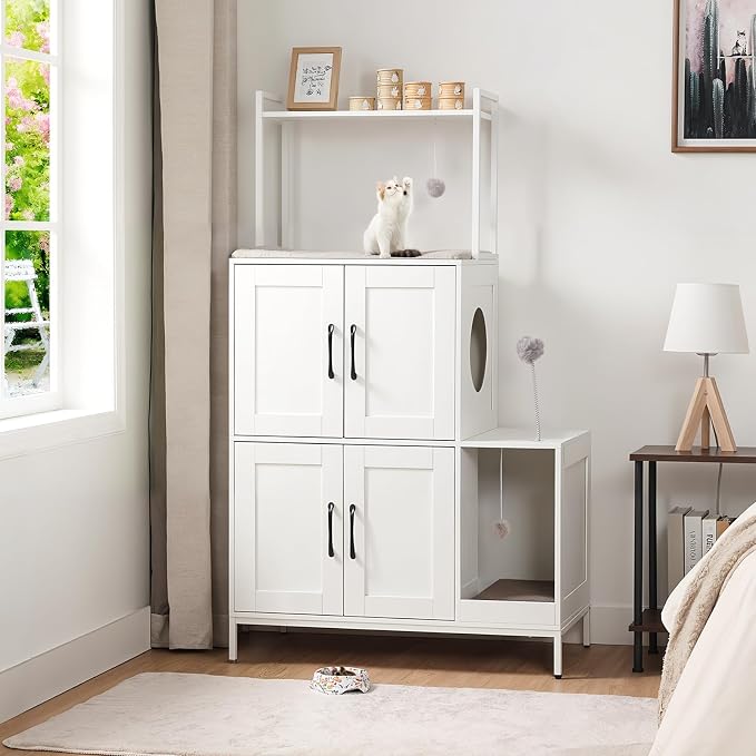 HOOBRO Litter Box Enclosure, Litter Box Furniture with Storage, 2-in-1 Hidden Cat Furniture with Shelf, 2 Dangling Plush Balls and 1 Toy Ball, Large Wooden Cat Washroom, White WT78MW01 - Image 2