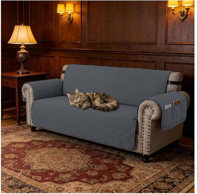 100% Waterproof Couch Cover,Straps&Pockets,pet Friendly,68" Gray | Washable sofa cover, pet-friendly, scratch-resistant furniture protector, quilted sofa cover, reversible, non-slip backing. - Image 7