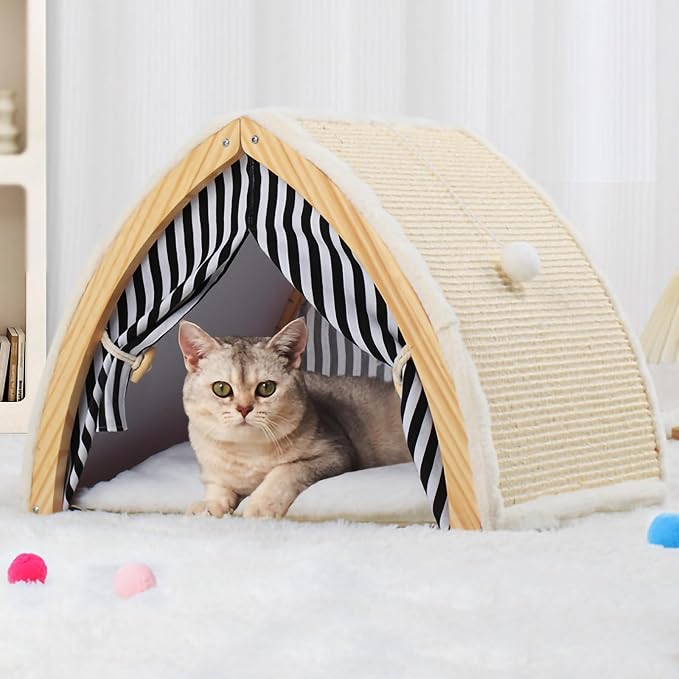 Cat House, Cat Beds for Indoor Cats, Cat Scratchers with Sisal Scratching Board, Cat Scratcher Bed with Fluffy Ball Hanging, Cat Condo 20x16x16 inches by COODIA