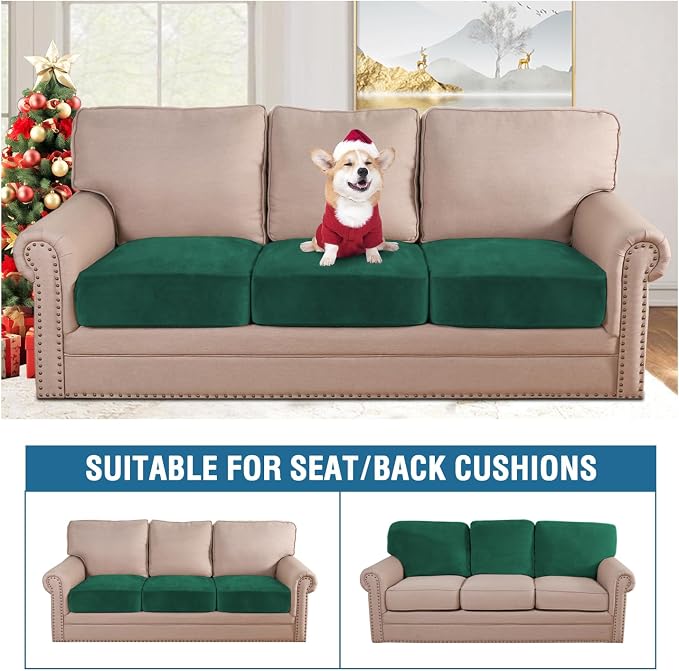 H.VERSAILTEX Velvet Stretch Couch Cushion Cover Plush Cushion Slipcover Cushion Furniture Protector Seat Cushion Sofa Cover (3 Piece XL Sofa Cushion Covers, Vintage Green) - Image 3