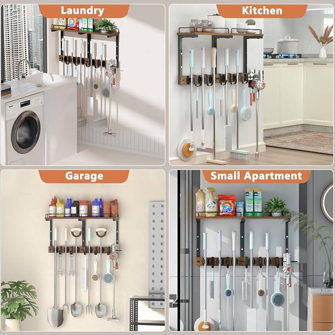Mop Holder Wall Mount with Cleaning Supplies Organizer, Wood Mop and Broom Hanger Rack Organizer with Anti-Fall Wall Shelf with 5 Clips & Hooks for Garage Laundry Room Kitchen (Dark) - Image 7
