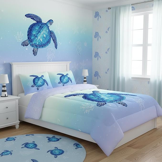 QOOMO Turtle Comforter Twin Size, Ocean Bedding Set for Kids Teens Girls Boys, 3Pcs Printed Comforter with 2 Pillowcases, Down Alternative, Soft and Lightweight (Blue, Twin Size) by QOOMOHOME
