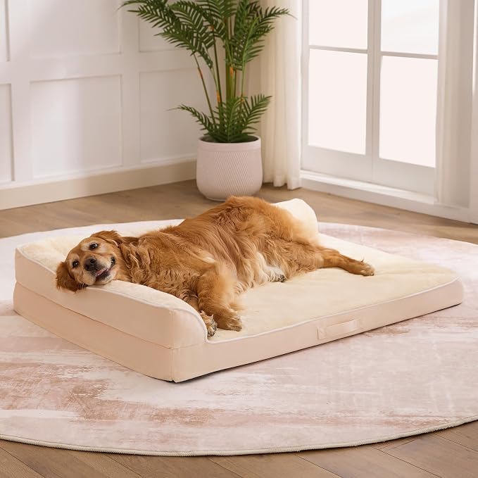 Dog Bed Large Sized Dogs, XL Orthopedic Dog Bed for Large Dogs, Waterproof Pet Bed with Washable Removable Cover, L-Shaped Pet Couch with Portable Handle 42"x30"x7.5", Beige by Aeroluxe
