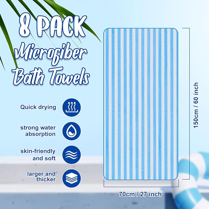 SmoothNovelty 8 Pack Microfiber Bath Towels Bulk 27'' x 60'' Oversized Bath Towel Highly Absorbent Extra Large Shower Sheets Soft Drying for Beach Pool Bathroom Salon Party(Blue) - Image 2