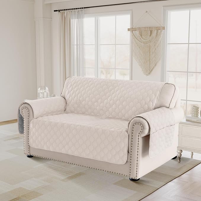 PrinceDeco Love Seat Couch Covers for Dogs Quilted Loveseat Cover Furniture Protector Non-Slip Rubber Backing Water Resistant for 2 Cushion Couch Seat Width to 48"(Loveseat, Ivory) - Image 2