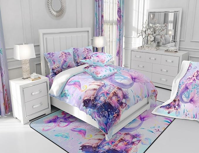 Manfei Mermaid Girl Twin Bedding Sets for Girls,Cute Starfish Octopus Sealife Comforter Set Kids Bedroom Decor,Dreamy Underwater World Quilted Comforter,Purple Mermaid Tail Blanket Bedding,Girl Gifts - Image 6