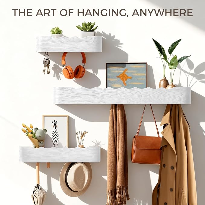 Coat Rack Wall Mount with Shelf Entryway Shelf Modern Key Holder Hanger Wall Shelves with Hidden Hooks for Hanging Towels Coats Hats Bags for Hallway Bathroom Bedroom (Wavy White, 4 Hooks) - Image 3