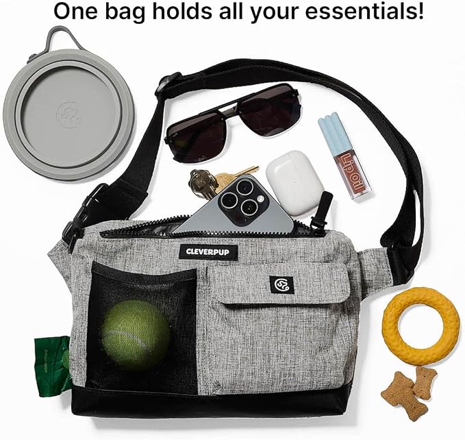 Cleverpup Walk & Train 2-in-1 Dog Walking Bag - Hands-Free Training Crossbody Sling & Fanny Pack with Treat Pouch, Poop Bag Holder, Phone Pockets - Adjustable Waist or Shoulder Strap - Heather Grey - Image 2