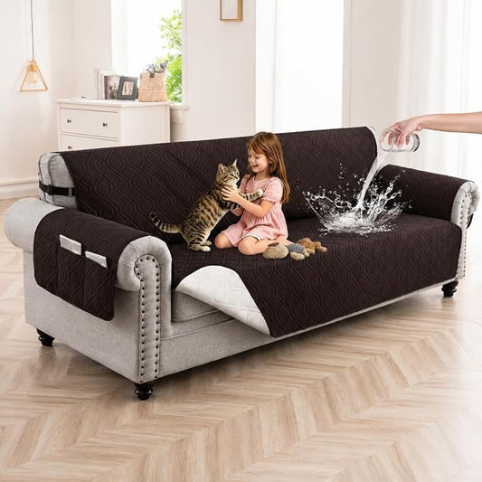 100% Waterproof Quilted Couch Cover,Straps&Pockets,78" Chocolate | Washable sofa cover, pet-friendly, scratch-resistant furniture protector, quilted sofa cover, reversible, non-slip backing. by Unknown