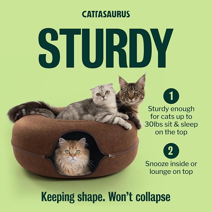 Cattasaurus Peekaboo Cat Cave Donut for Multiple & Large Cats up to 30-45 lbs, 3-in-1 Self Warming Cat Bed, Tunnel & Scratcher for Indoor Cats, Washable & Detachable Small Dog Bed (Brown, Jumbo) - Image 4