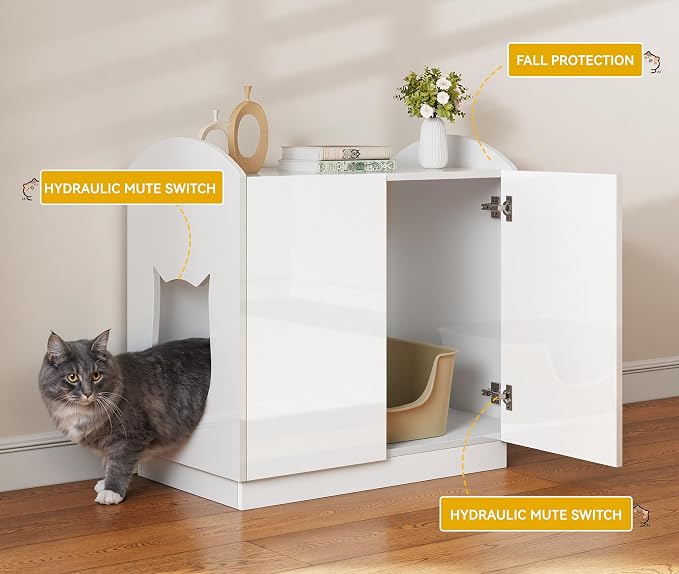 DWVO Large Hidden Litter Box Furniture with Hooks | Modern Cat Litters Box Enclosure for M/L/XL Litter Boxes, Wooden Secret Cat Cabinet, High-Gloss White - Image 6