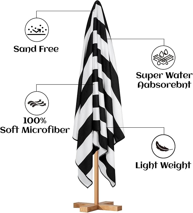 Touchat 4 Pack Beach Towels Oversized 30'' x 60'' Microfiber Pool Swim Bath Camping Travel Cabana Stripe Quick-Dry Super Absorbent Lightweight Sand Free Towel for Adults, Multi-Functional，Black - Image 8