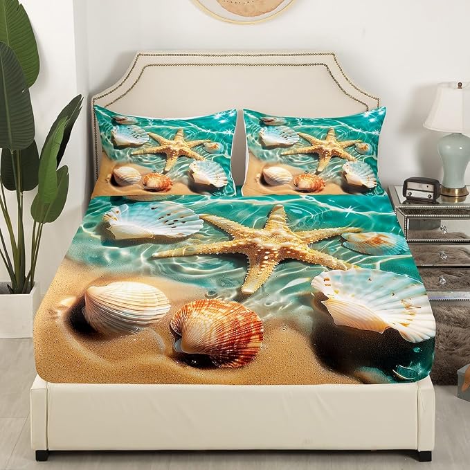 Ocean Bedding Set Beach Themed Sheet Set Teal Blue Ocean Sea Life Pattern Coastal Bed Sheet Sets Full for Boys Girls 1 Starfish Flat Sheet - 1 Shell Fitted Sheet - 2 Pillowcases (Beach, Full) - Image 3