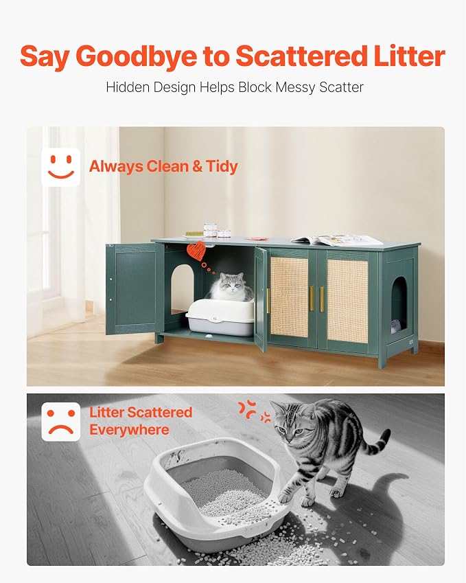 VEVOR Cat Litter Box Enclosure for Multi Cats, 47.2 in Hidden Litter Box Cabinet with 4 Rattan Doors & 2 Entries, Indoor Cat Washroom, Wooden Kitty House Furniture, Fit Most Litterboxes, Green - Image 5