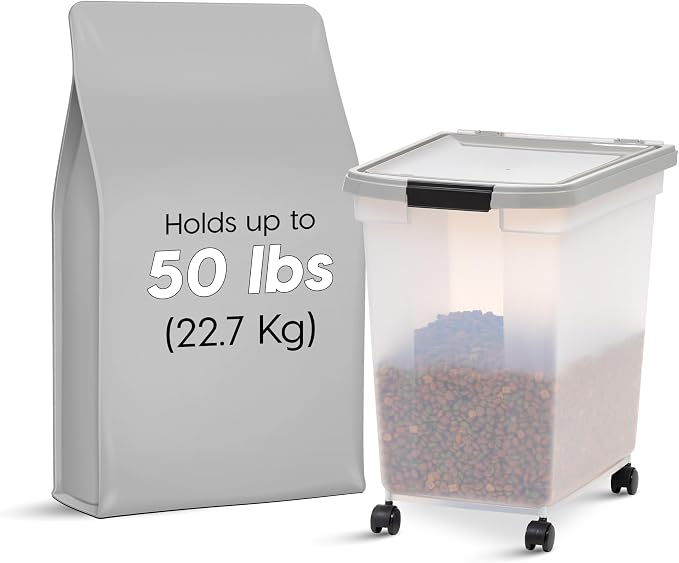 IRIS USA Airtight Dog Food Storage Container, WeatherPro, Up to 50 lbs, Removable Wheels, for Dog Cat Bird and Other Pet Food Storage Bin, Keep Fresh, Translucent Body, Made in USA, Clear/Gray - Image 2