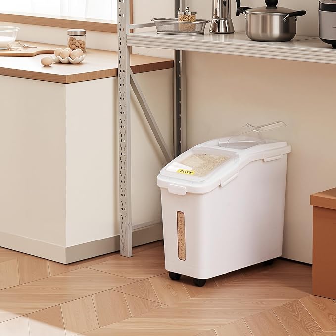 VEVOR Ingredient Storage Bin, 11.4 Gallon Capacity Shelf Ingredient Bin, 280 Cup Flour Bins on Wheels Commercial Prosave Shelf-storage Ingredient Bin with Lid and Scoop Rice Bin for Kitchen White - Image 2