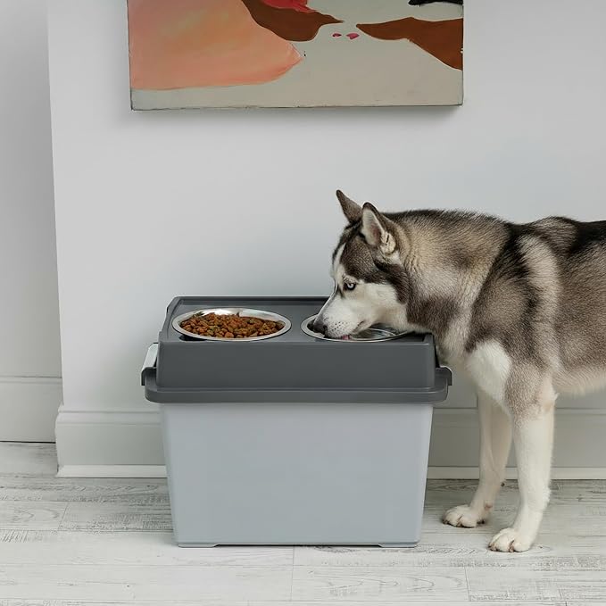 IRIS USA Dog Bowls Elevated with Storage, 15" H Raised Feeding Station, Dog Bowl Stand with Airtight Food Storage Holds 47 lbs, 2 Removable 64 oz Stainless Steel Bowls for Large Dogs, Gray/Dark Gray - Image 3