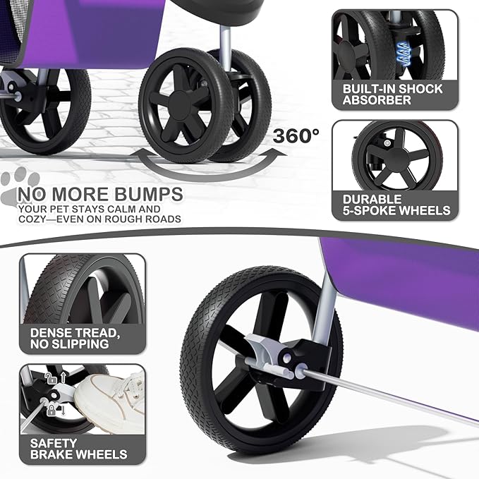 MoNiBloom 3 Wheels Pet Dog Cat Stroller for Small Medium Dogs Cats, Lightweight Foldable Jogger Stroller w/Storage Basket and Cup Holder, Purple