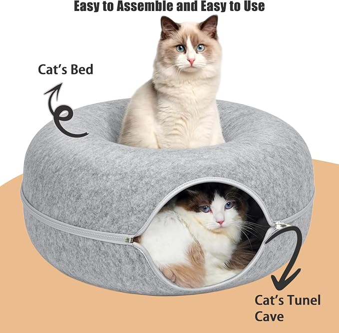 24inch-Tunnel Bed for Indoor,cattasaurus Peekaboo cat cave for Multiple,Detachable Felt Felt Washable Interior for Indoor Cats,Donut Tunnel (Light Gray) - Image 3
