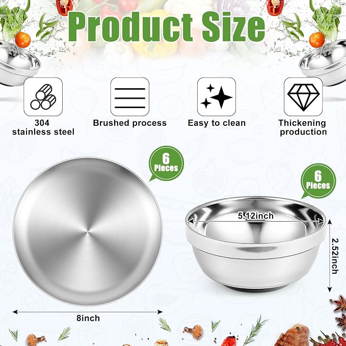 Sunnyray 304 Stainless Steel Plates and Bowls Metal Camping Plates Reusable 13 oz Steel Snack Bowls Dinner Dishes Double Walled Insulated Metal Dinnerware(6 Sets,8 x 8 Inch) - Image 2