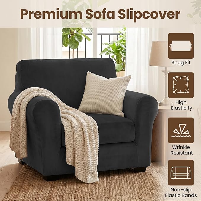 XINEAGE 2-Piece Velvet Armchair Sofa Cover, Couch Covers for Dog,Black | 1 Cushion Chair,Stretch Non-slip Elastic, Pet-friendly, Washable, Fast Setup, Soft Plush Fabric, Furniture Protector. - Image 2