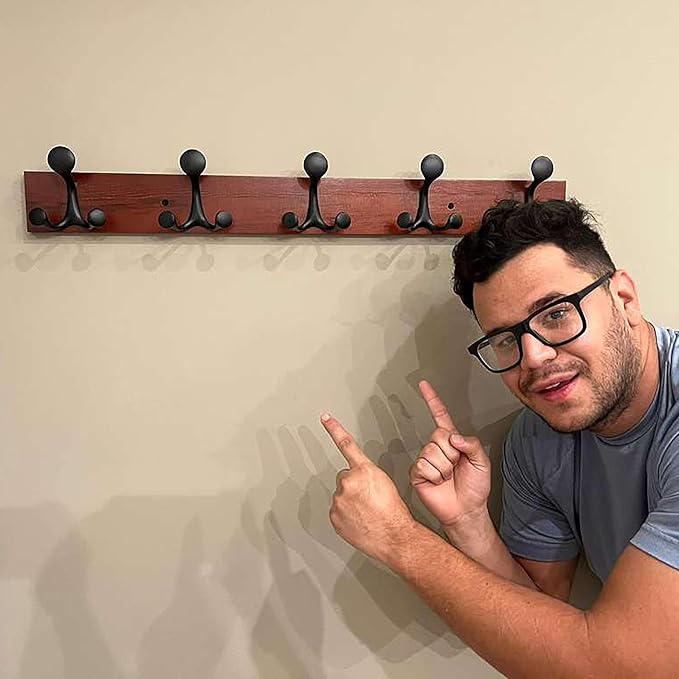 SKOLOO 24-Inch Cherry Wood Coat Rack Wall Mount with 5 Triple Hooks - Ideal for Family Entrances, Classrooms, and Pet Supplies Storage - Perfect Coat Hooks for Wall - Image 4