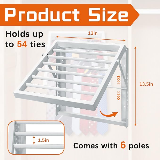 Tie Rack Wall Mounted, Adjustable Angle Tie Organizer for 60 Ties & Scarves | Holds up to 60 Ties, 10 Angle Slots, Wall-Mounted Easy Installation, Long-Lasting Design - Image 3