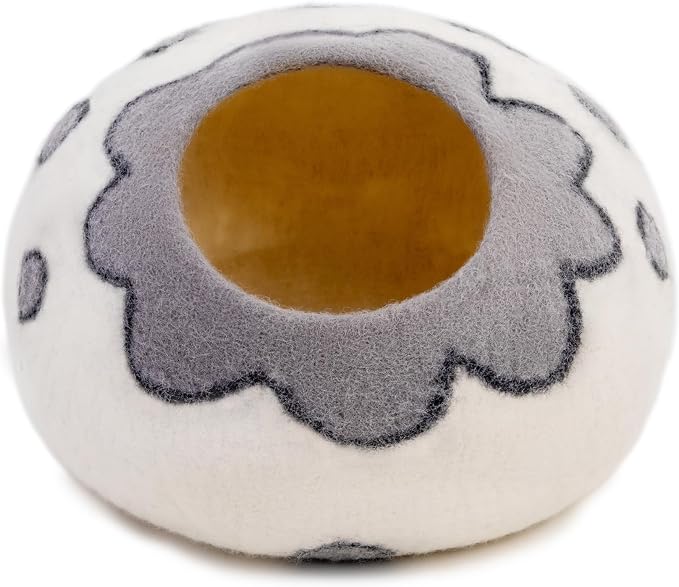 Woolygon Premium Felt Cat Cave Bed – Wool Kitty Beds Handcrafted Kitten Caves Bed for Indoor Cats - Made from Merino Wool, Foldable Cat Hideaway Covered Cat House Pod (White Flower) - Image 4