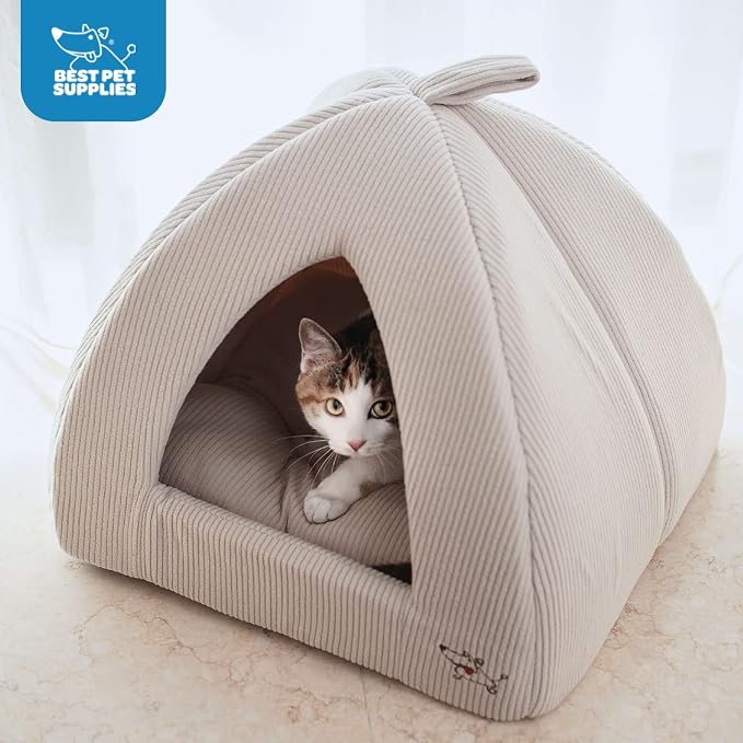 Best Pet Supplies Cat Bed for Indoor Cat, Domed Tent House with Removable Pillow, Covered Cat Cave for Small Dog, Puppies and All Breeds of Cats - Corduroy Beige, 16 x 16 x H:14" - Image 5