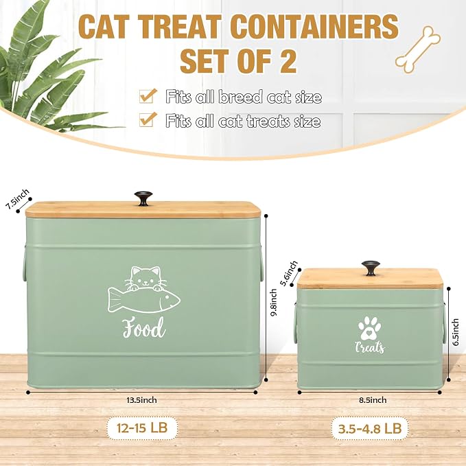 Reallnaive 2 Pcs Large Metal Cat Food Storage Containers 12+3.5 Lbs Decorative Pet Treat Snack Jars Airtight Bamboo Lids & Dry Food Scoop for Farmhouse Kitchen Counter Decor, Pet Owner Gifts(Green) - Image 2