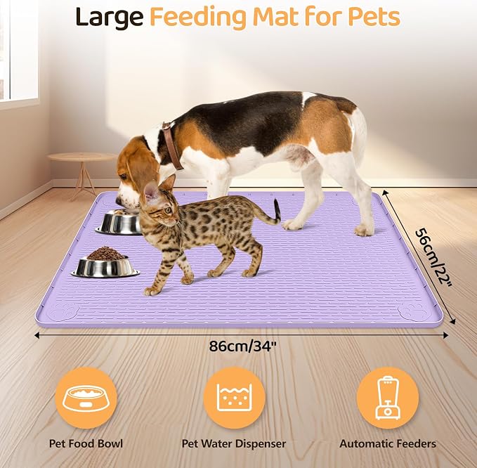 Dog Food Mat 34''x22'' Extra Large Dog Mat for Food and Water, Purple | Silicone Dog Bowl Mat with Raised Edge, Waterproof Non-Slip Pet Feeding Mat for Floors, fit for Dog Cat Bowls - Image 2
