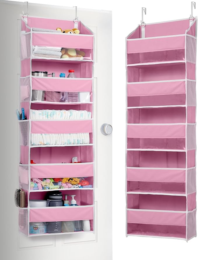 ULG 1 Pack Over Door Organizer with 5 Large Pockets 10 Mesh Side Pockets, 44 lbs Weight Capacity Hanging Storage Organizer with Clear Window Kids Toys, Shoes, Diapers, Pink by ULG