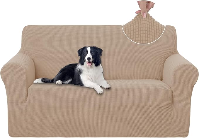 U-NICE HOME Loveseat Cover Stretch Couch Cover Sofa Slipcover, Camel | 2 Cushion Sofa, 1-Piece Sofa cover, Washable, Pet friendly, Furniture protector, Polyester Spandex Jacquard fabric by U-NICEHOME