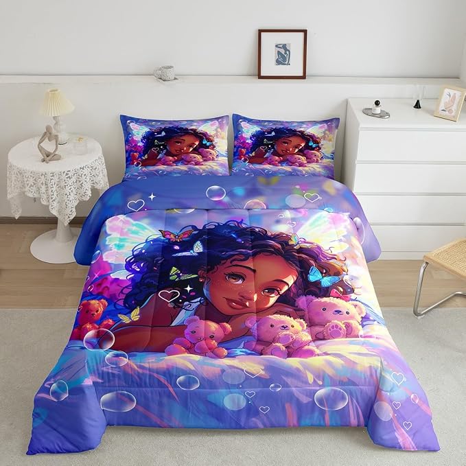 Manfei Cute American Style Girl Comforter Set for Kids,Fantasy Starry Fairy Wings Bubbles Bedding Set Teens Girls,Dreamy Princess Black Lovely Kid Comforter with 1 Pillowcase for All Seasons,Twin by Manfei