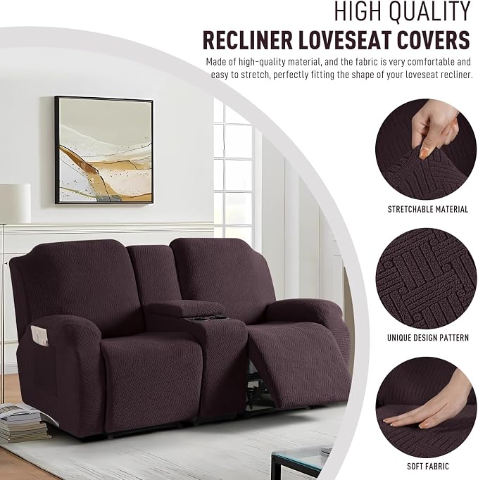 KinCam Loveseat Recliner Covers with Middle Console Slipcover, Dark Coffee | Stretch Recliner Sofa Covers for 2 Seat Couch Cover, Jacquard Furniture Protector Covers with Elastic Bottom for Kids, Pets - Image 2