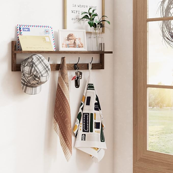 BAMEOS Wall Mounted Coat Rack with Adjustable Easy Install, Rust Proof, Brown Wooden Material, 28.9 Inch Length - Image 2