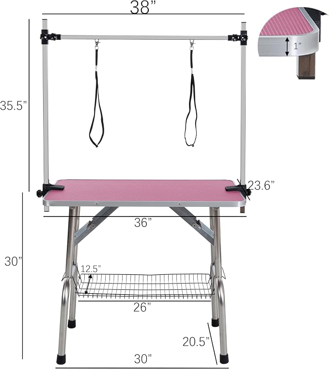 Professional Dog Pet Grooming Table Adjustable Heavy Duty Portable w/Arm & Noose & Mesh Tray (Pink, 36") - Image 6
