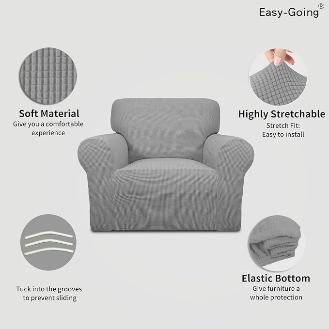 Easy-Going Stretch Chair Slipcover with Arm Washable Light Gray | 1-Piece Couch Sofa Cover Furniture Protector for Living Room Soft with Bottom For Kids, Pet. Spandex Jacquard - Image 3