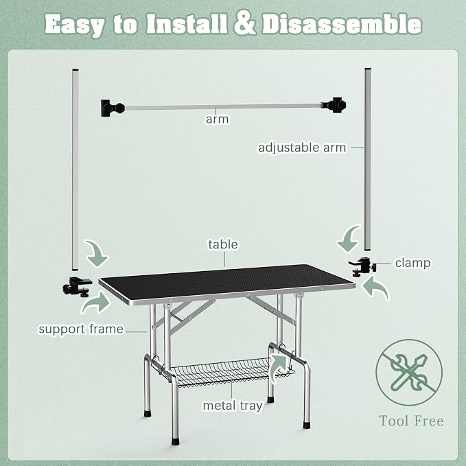 Lyromix 46'' Stainless Steel Pet Dog Grooming Table, Arm/Noose/Tray, Black | Foldable Dog Grooming Table for Dogs at Home, Adjustable Height Arm, Non-Slip Waterproof Tabletop, Capacity 330Lb - Image 6