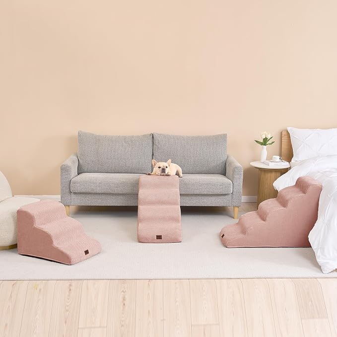 EHEYCIGA Curved Dog Stairs Ramp for High Beds 19.7" H, 4-Step Dog Steps for Small Dogs and Cats, Pet Stairs for High Bed Climbing, Non-Slip Balanced Pet Step Indoor, Dusty Pink - Image 9
