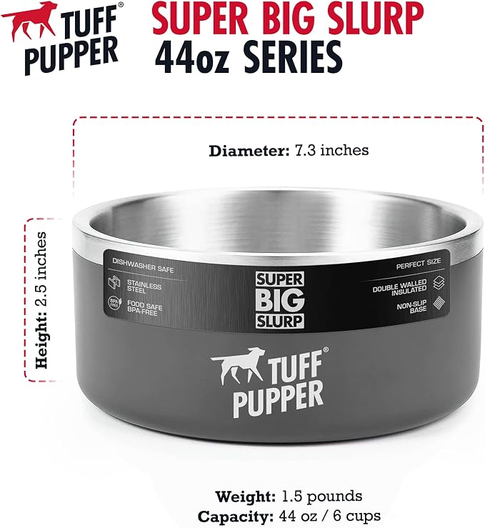 Tuff Pupper Heavy Duty Insulated Dog Bowl | Double Wall Stainless Steel Dog Food Dish | Non-Slip Spill Proof Dishwasher Safe Cat Bowl | Water Dish for Feeding Large Medium Small Pets (44oz, Grey) - Image 6