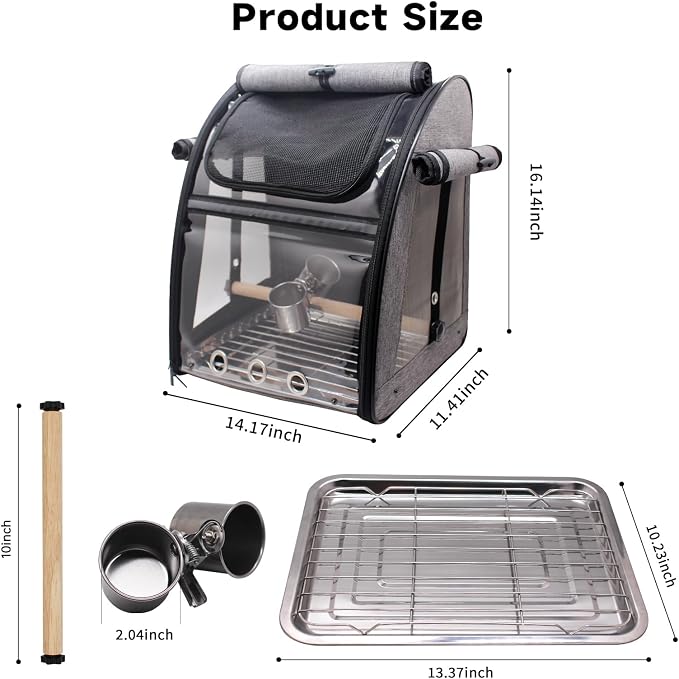 Bird Carrier Bag with Perch, Bird Travel Carrier Backpack with Stainless Steel Plate and Mesh, Portable Transparent Parakeet Travel Cage with Feeder Cups for Small Birds Parakeet Parrot - Image 6
