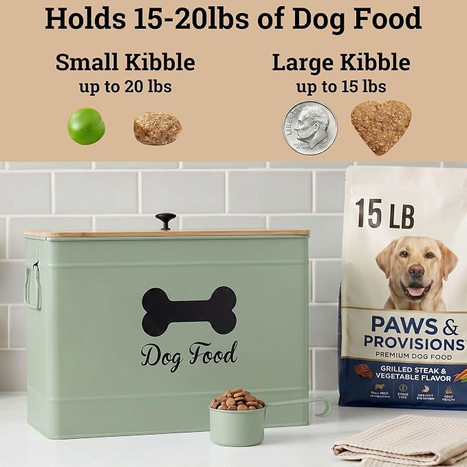 Metal Dog Food Container 15-20 lbs w/ Airtight Bamboo Lid, 70 Cup Capacity | Pet Jar For Dogs up to 100lbs, Airtight Bamboo Lid, Sturdy Comfortable Metal Handle, Powder Coated Iron, Kibble Storage Bin - Image 3