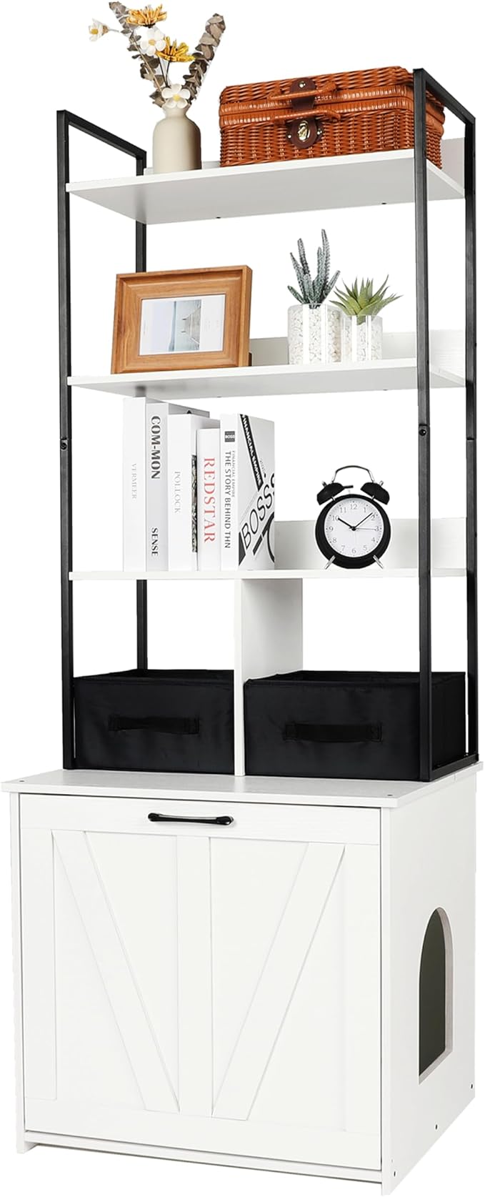 Dwanton Litter Box Enclosure with 3 Storage Shelves and 2 Drawers, 2-in-1 Hidden Cat Litter Box Enclosure Furniture with Shelf, Reversible Entrance, Washable Drawers, 61.8-Inch, White by DWANTON