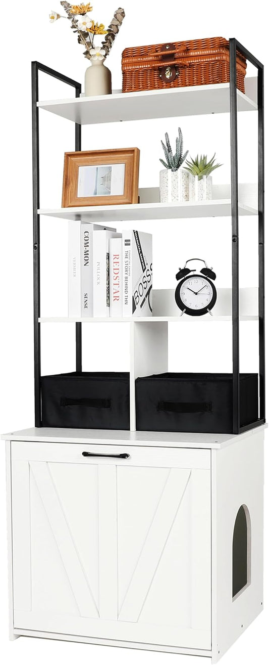 Dwanton Litter Box Enclosure with 3 Storage Shelves and 2 Drawers, 2-in-1 Hidden Cat Litter Box Enclosure Furniture with Shelf, Reversible Entrance, Washable Drawers, 61.8-Inch, White by DWANTON