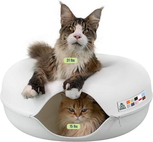 Cattasaurus Peekaboo Cat Cave, Extra Spacious for Multiple & Large Cats 15+ lbs, Scratch Detachable Cat Beds for Indoor Cats, Washable Tunnel Bed, Comfy Donut Tunnel (White, Jumbo) by Cattasaurus