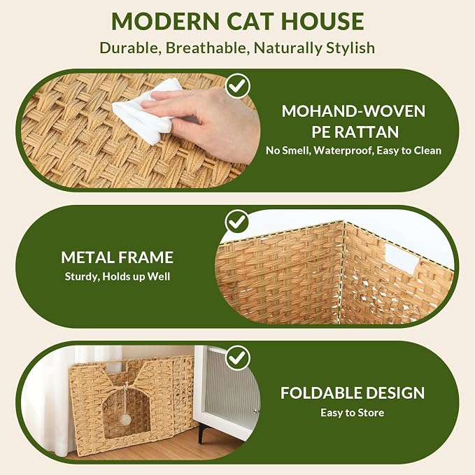 Handwoven Rattan Cat Bed Indoor Kitten, Cat Bed Cave with Cushion, Sisal Ball & S-Shaped Hooks, Foldable Hideaway Cat House for Bedroom Living Room, Natural - Image 6