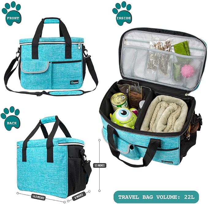 PetAmi Dog Travel Bag Organizer, Pet Travel Kit with 2 Food Containers & 2 Collapsible Dog Bowls, Pet Supplies Tote with Luggage Sleeve, Weekend Road Trip Camping Essentials, Teal Blue, Medium - Image 2