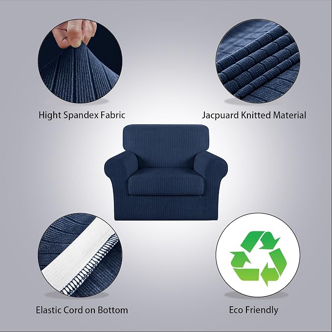 Armchair Cover Stretching Skid Resistance Couch Cover for Pets Washable, Thick and Durable Soft High Spandex Striped Pattern Sofa Covers, Form Fitted Chair Slipcover(Armchair, Navy) - Image 2